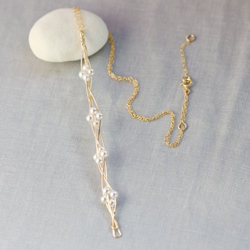 [Made-to-order] 14kgf Swarovski Pearl Twist Pierced Earrings & Long Stick  Necklace Set