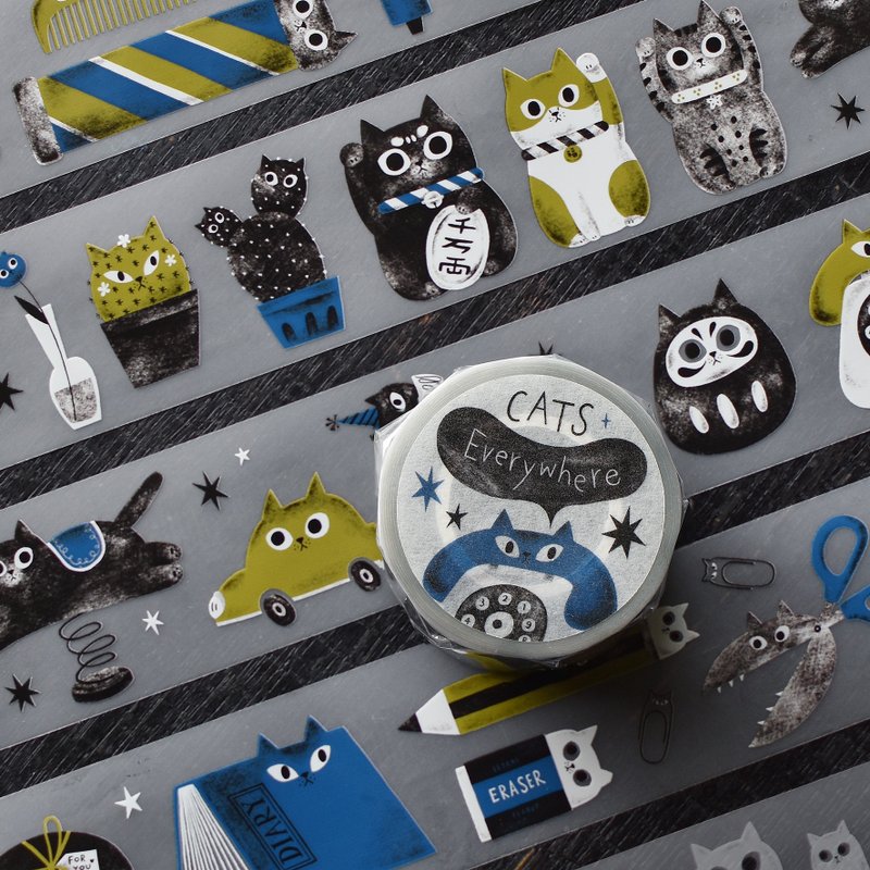 Cat PET tape everywhere - Washi Tape - Plastic Blue