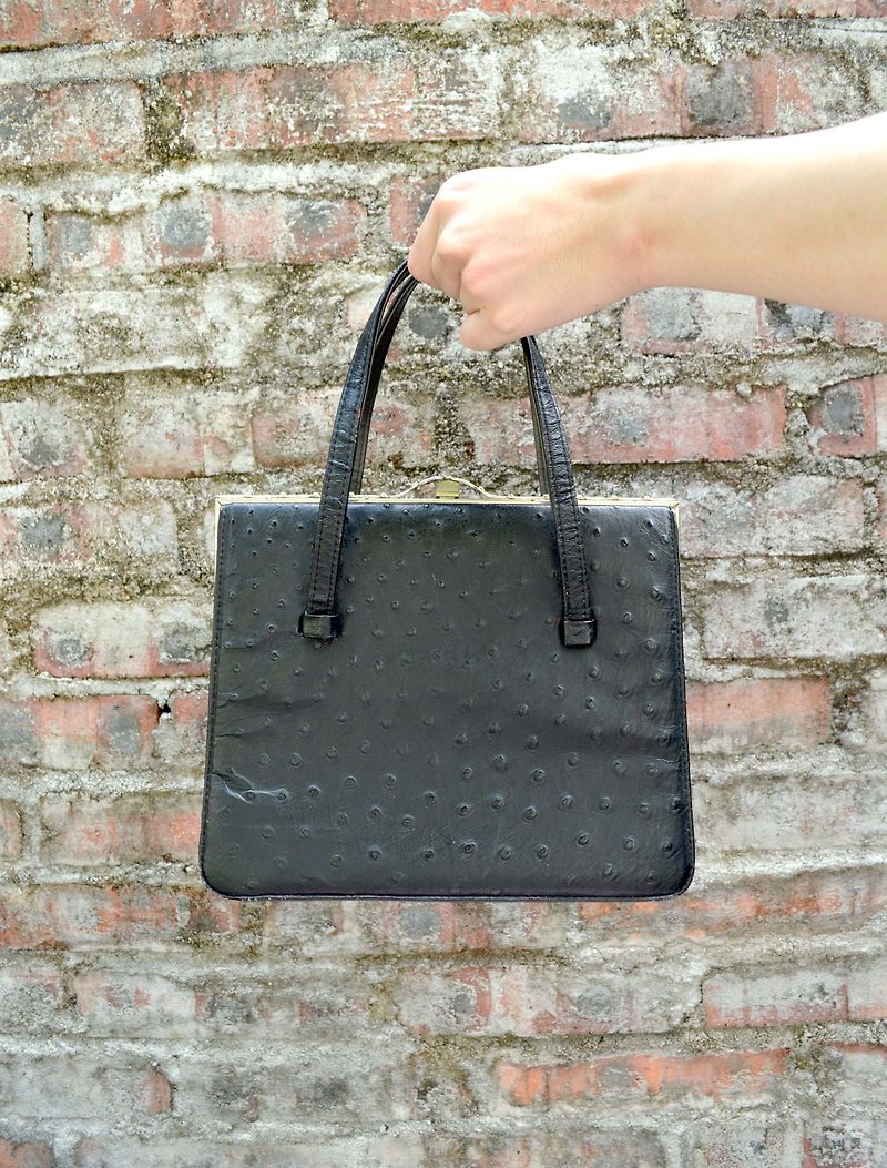 Italian medieval black leather ostrich leather handbag handbag handbag briefcase lady bag vintage - Handbags & Totes - Genuine Leather Black