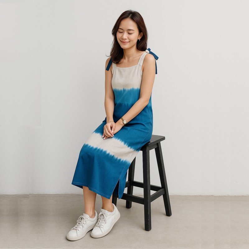 A-line Bow - 靛藍色紮染迷你連身裙 - 洋裝/連身裙 - 棉．麻 藍色