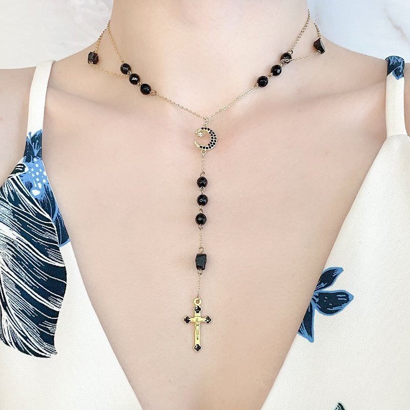 What I hear is your voice / Moon and onyx rosary necklace SV184 - Necklaces - Other Metals Black