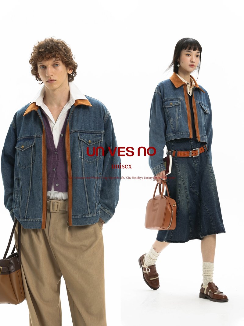【復古洗水】Unvesno (UN)高級感拼接寬松復古男女款牛仔夾克外套 - 男夾克/外套 - 其他材質 
