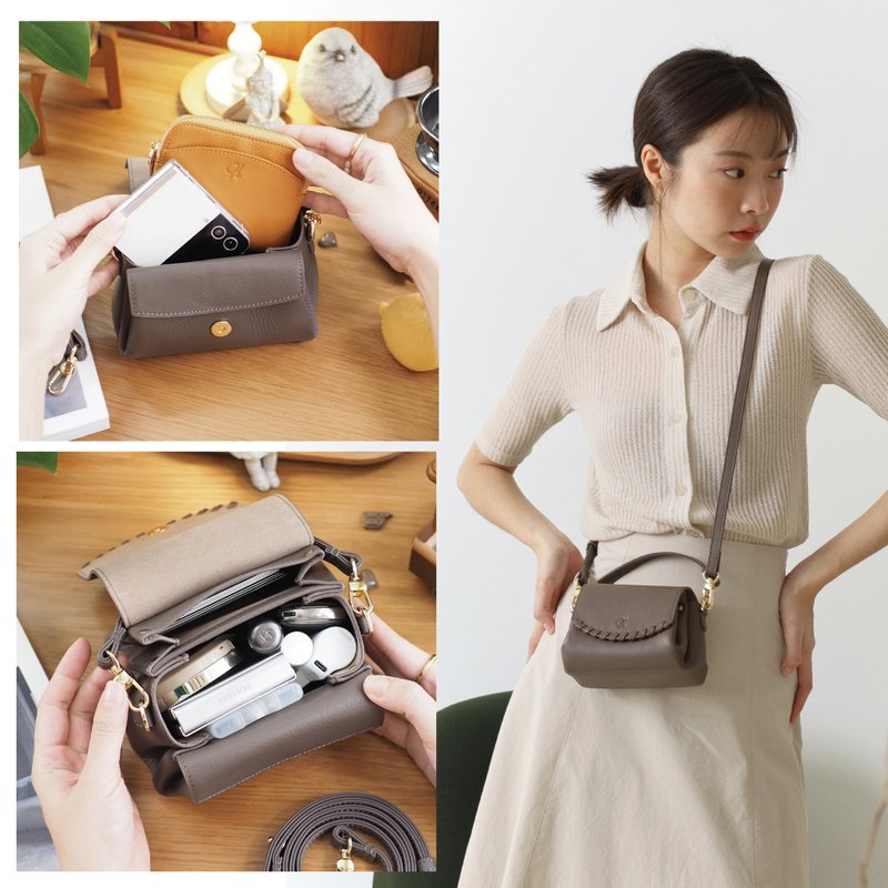 Canele (Ash Grey): Mini bag, Crossbody bag, Cow Leather wallet, soft leather - Wallets - Genuine Leather Gray