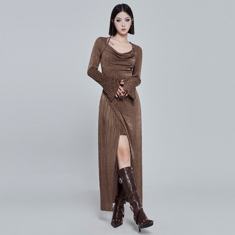 Pagan wood spirit cowl neck one-piece dress-coffee/pure black - ชุดเดรส - วัสดุอื่นๆ สีนำ้ตาล