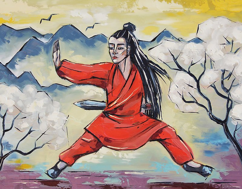 Kung Fu Woman Painting Asian Original Art Martial Wall Art  28 by 36 cm - Posters - Other Materials Red