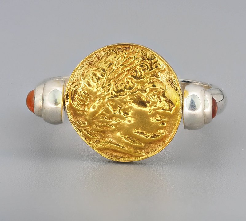 Macedon King Philip II Alexander The Great coin ring with sapphires. - 戒指 - 貴金屬 金色