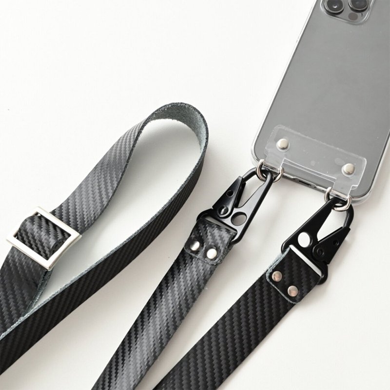 全機種対応 Android対応 スマホケース ストラップ付き PVCタグ 【 クリア × カーボンレザー 】 メンズ スマホショルダー セット FL02M - スマホケース・カバー - 革 ブラック