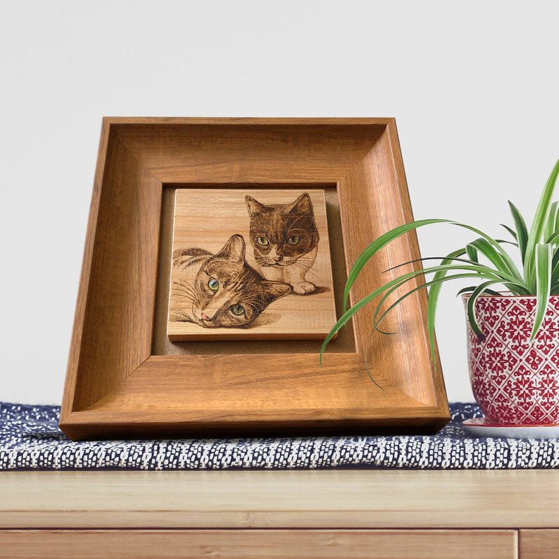 Customized pyrography-two animals/pets - Customized Portraits - Wood Brown