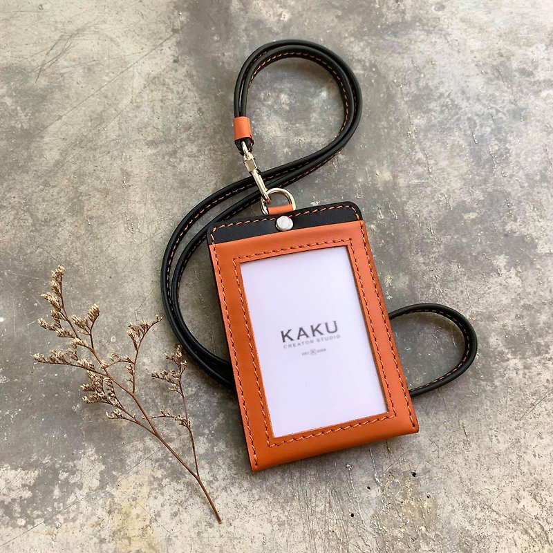 Document set leisure card holder document holder coral orange plain / hacker custom gift - ที่ใส่บัตรคล้องคอ - หนังแท้ สีส้ม