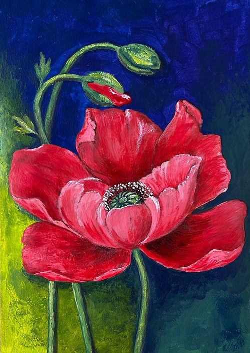 vernissage-VG-galery Poppy with buds on purple-lemon background. Painting Gouache