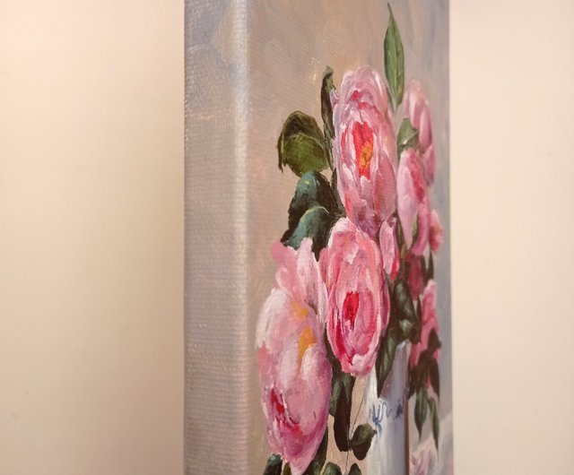 ピンクのバラ 花の絵 原画 手描きアート ぶら下がっている絵