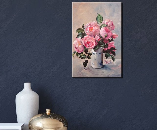 ピンクのバラ 花の絵 原画 手描きアート ぶら下がっている絵
