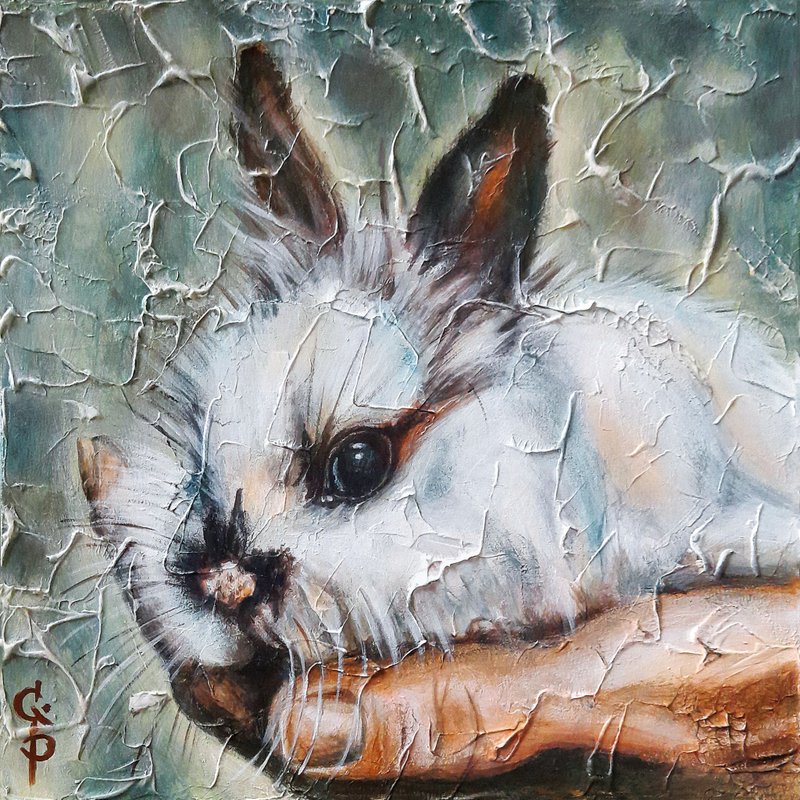 Rabbit Painting Oil Original Small Hare on hand Bunny Art Acrylic on Cardboard - Wall Décor - Other Materials Gray