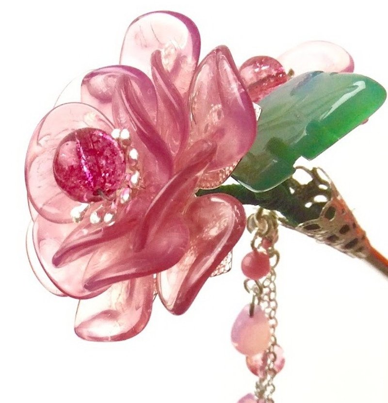 Hand-made ~ meow hairpin single branch of roses (pink) - เครื่องประดับผม - แก้ว 
