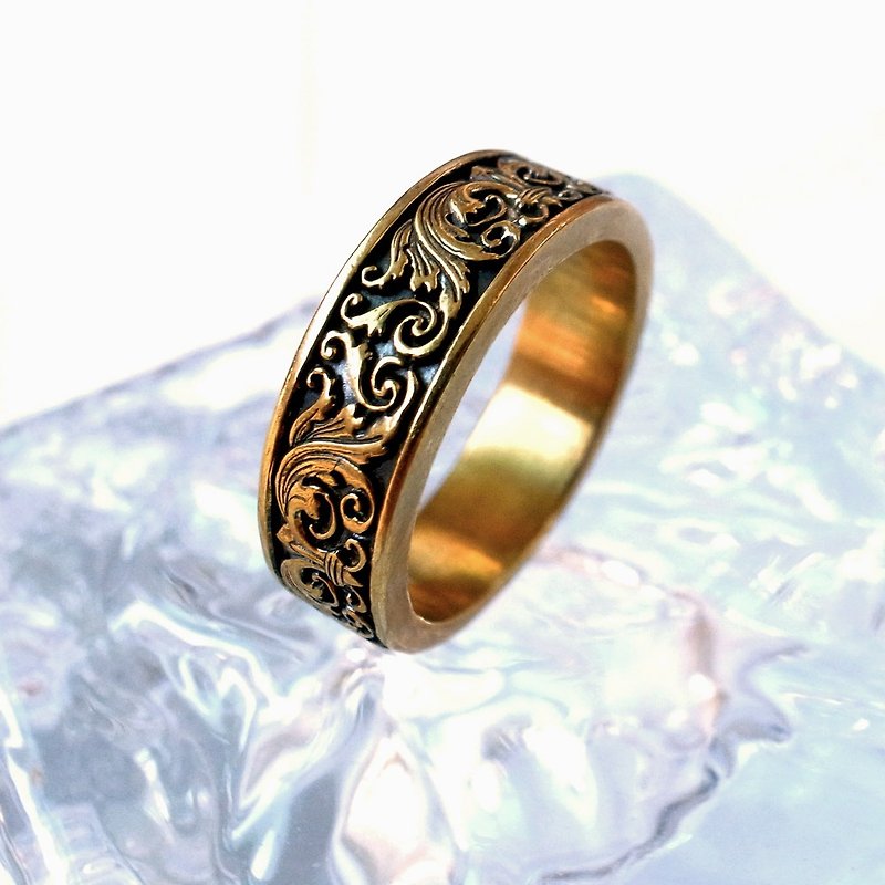 Elegant carved pure brass thin ring anti-allergic brass - แหวนทั่วไป - โลหะ สีทอง