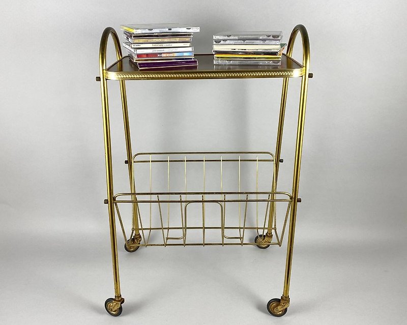 Vintage Bar Cart or Newspaper Tray, Germany | Wooden And Brass Small Tea Trolley - Other Furniture - Other Metals Brown
