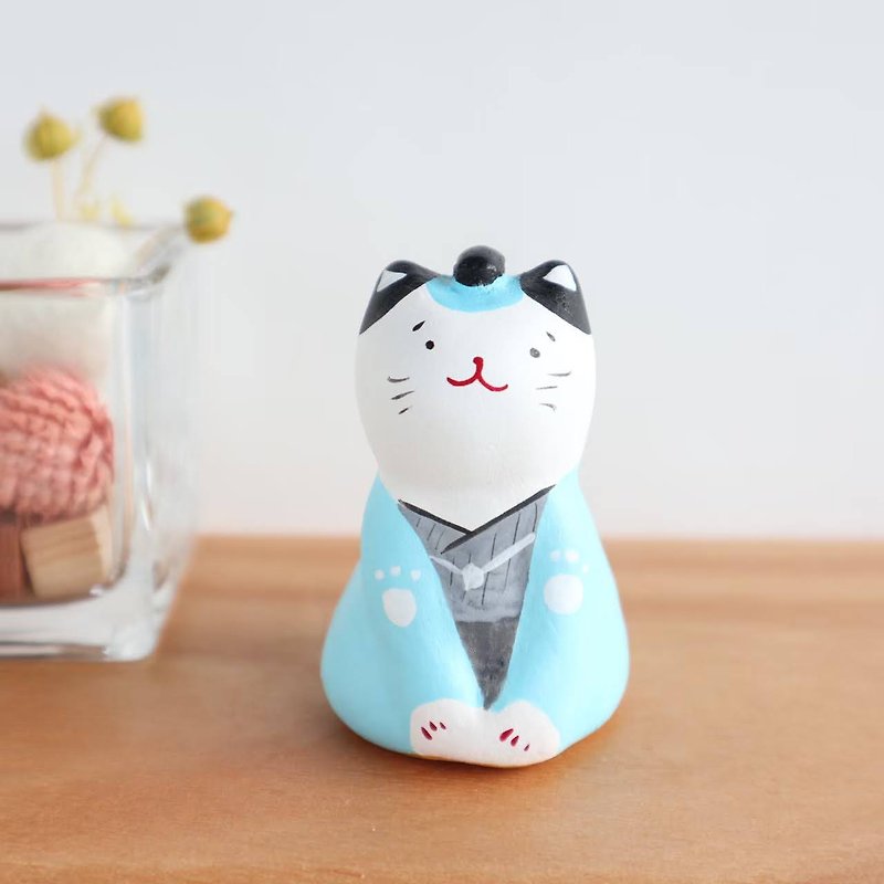 ちょんまげ猫の置物　水色 - 裝飾/擺設  - 黏土 藍色