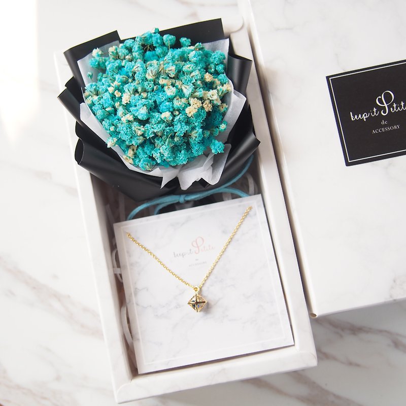 Blue Green Dry Gypsophila Flower Gold Plated Blue Stone Hexagon Star Necklace Flower Box Set Sister Birthday Gift - Necklaces - Other Materials Blue