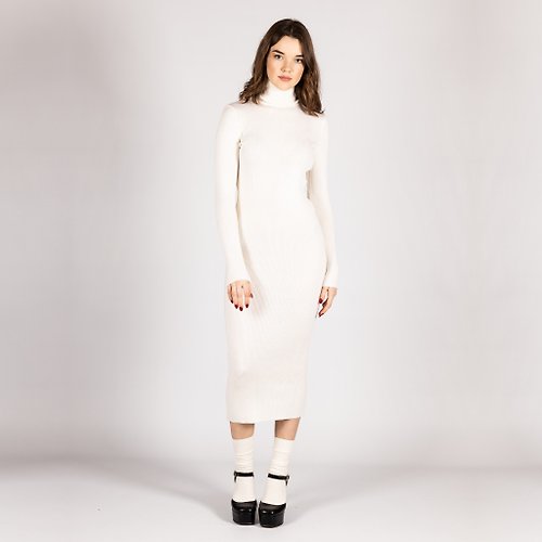 Krista Elsta turtleneck dress, white knit dress, roll neck dress, ankle length midi dress