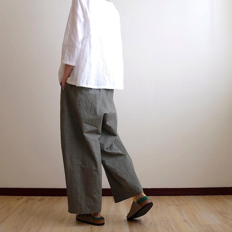 Daily hand-made suit olive gray green daily small wide pants cotton - กางเกงขายาว - ผ้าฝ้าย/ผ้าลินิน สีเขียว