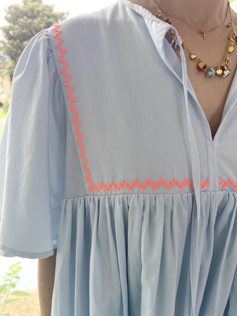 Marchen Maxi Dress - Pale Blue with Neon Embroidery - 洋裝/連身裙 - 棉．麻 