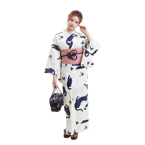 fuukakimono 日本 和服 猫圖案 女性 浴衣 腰封 2件組 F Size x33-12 yukata