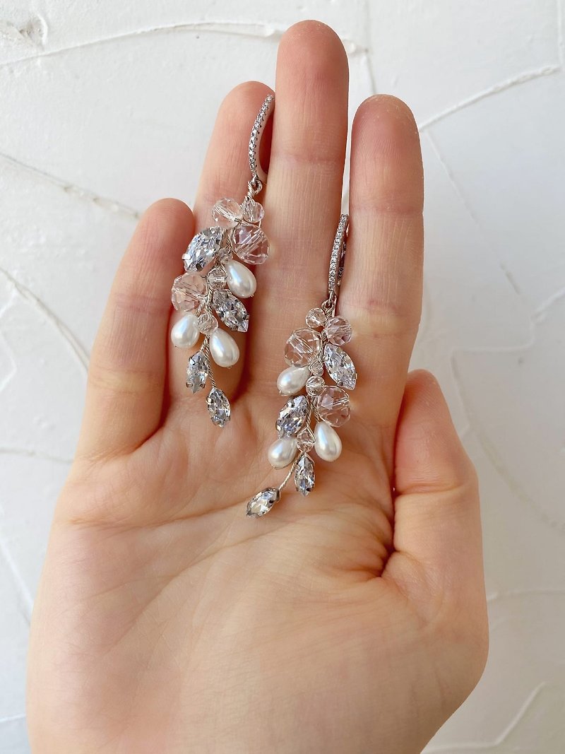 其他材質 耳環/耳夾 銀色 - 新娘象牙珍珠枝耳環, 銀色新娘白色花卉耳環樹枝
