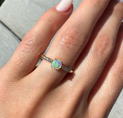 RINGSTREETIN Round Opal Ring-Stacking Ring-Promise Ring-Gift For Girlfriend