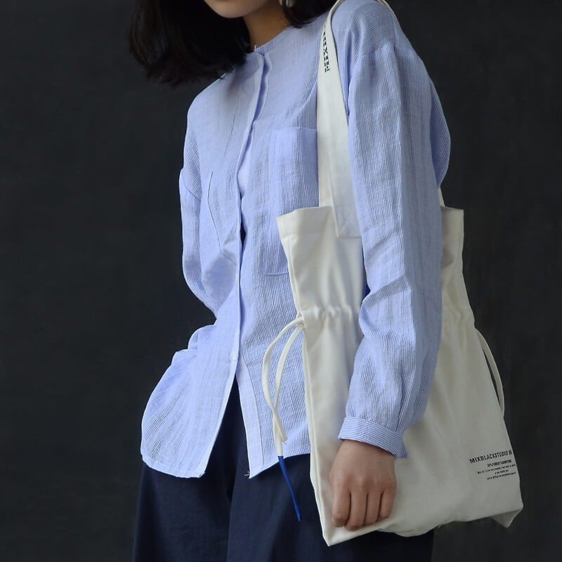 Thin striped loose collar shirt | shirt | round neck | stripes | cotton | independent brand | Sora - เสื้อเชิ้ตผู้หญิง - ผ้าฝ้าย/ผ้าลินิน สีน้ำเงิน