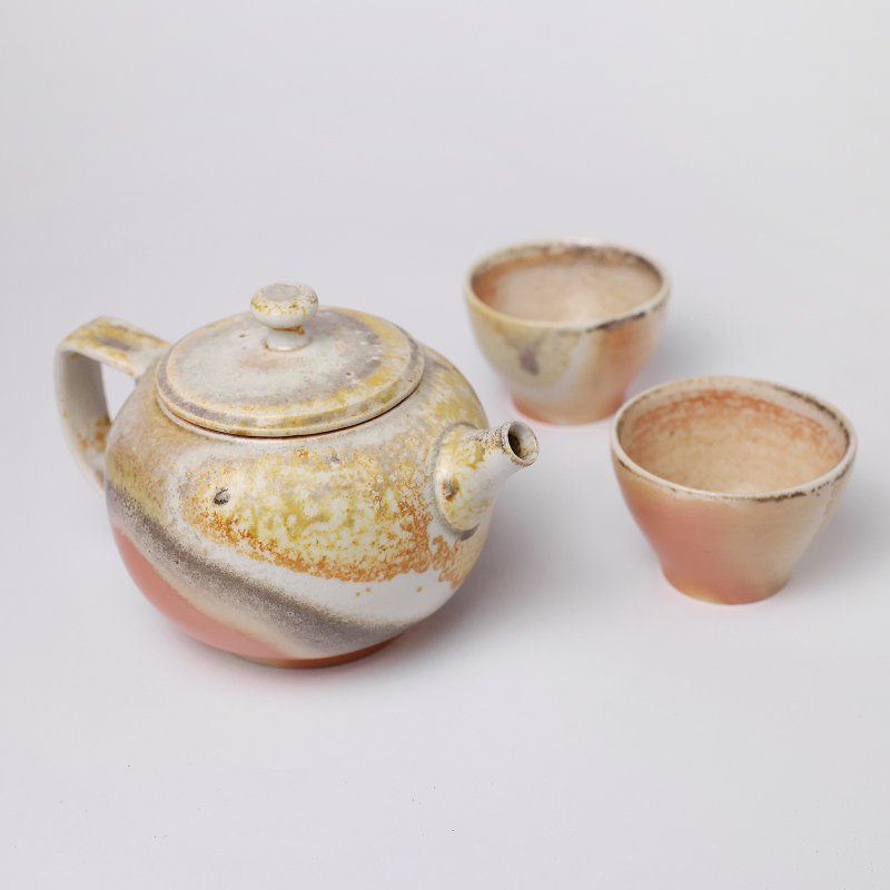 明芽窯 | 柴燒白瓷落灰壺 一壺兩杯 茶具組 蒐藏品 茶壺 茶杯 H11 - 茶壺/茶杯/茶具 - 陶 橘色