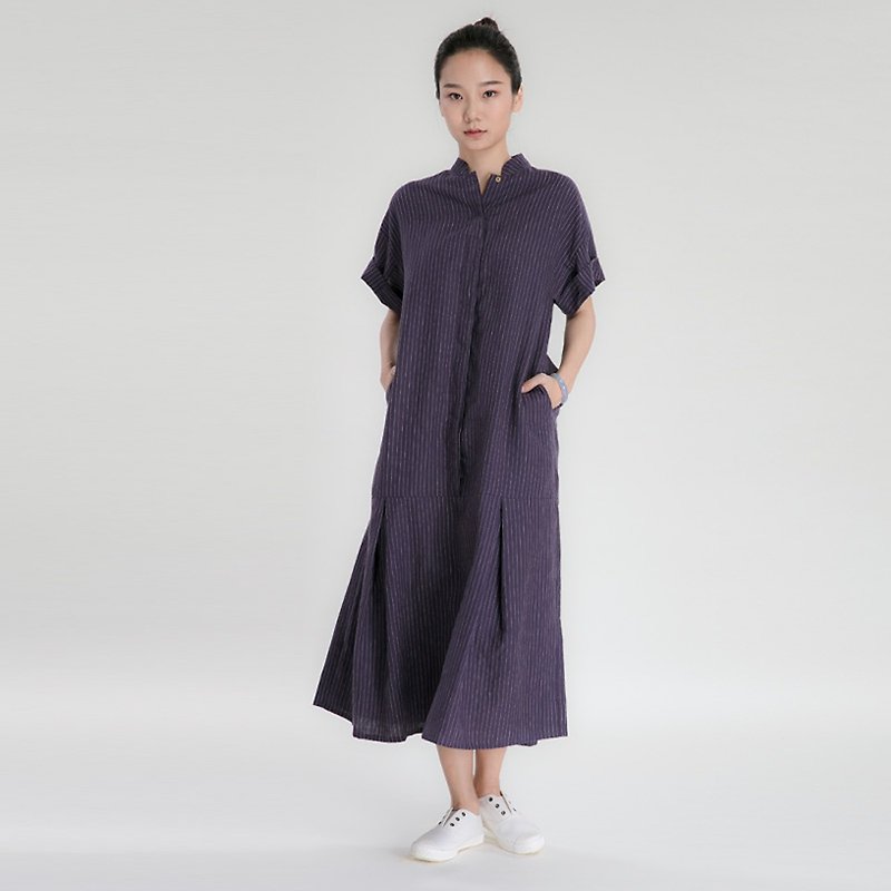 先染織物 亞麻寬鬆復古領長裙 洋裝 D170201 - 連身裙 - 羊毛 紫色