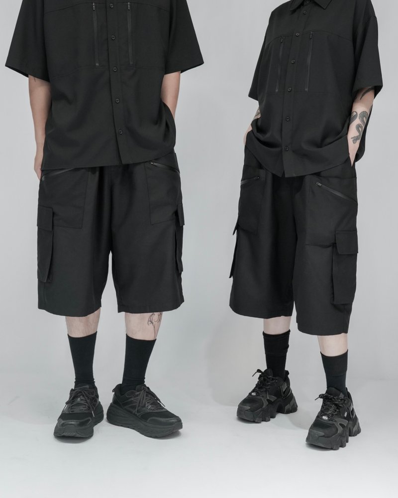 MUKK DESIGN 防水拉鏈造型五分短褲 - 中性長褲/短褲 - 聚酯纖維 黑色