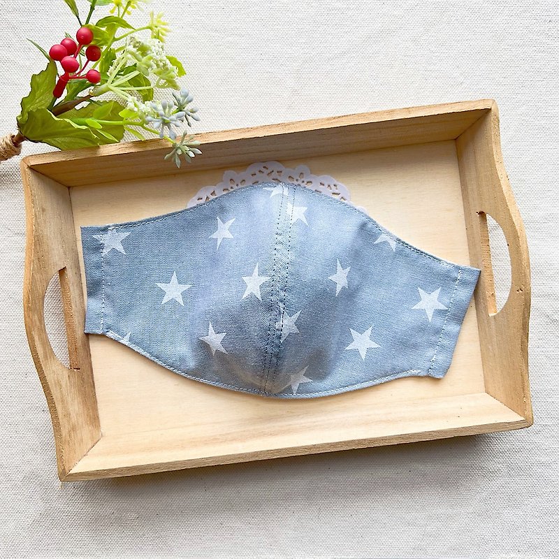Japanese cloth powder blue star can put filter three-dimensional cotton mask (large/medium/small size) handmade - Face Masks - Cotton & Hemp Multicolor