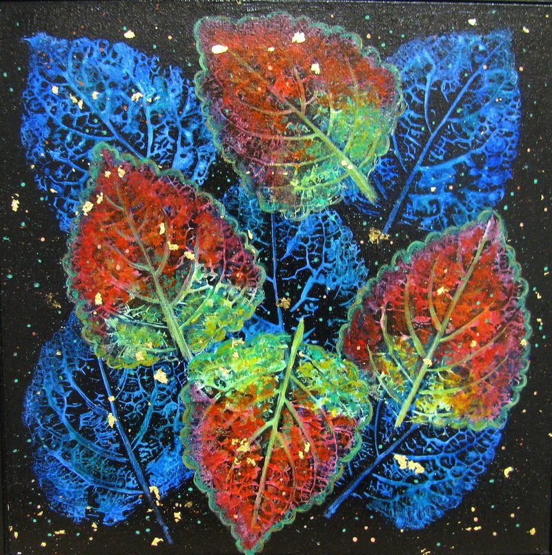 Botanical leaves original painting in acrylic framed home wall decoration - 壁貼/牆壁裝飾 - 其他材質 多色