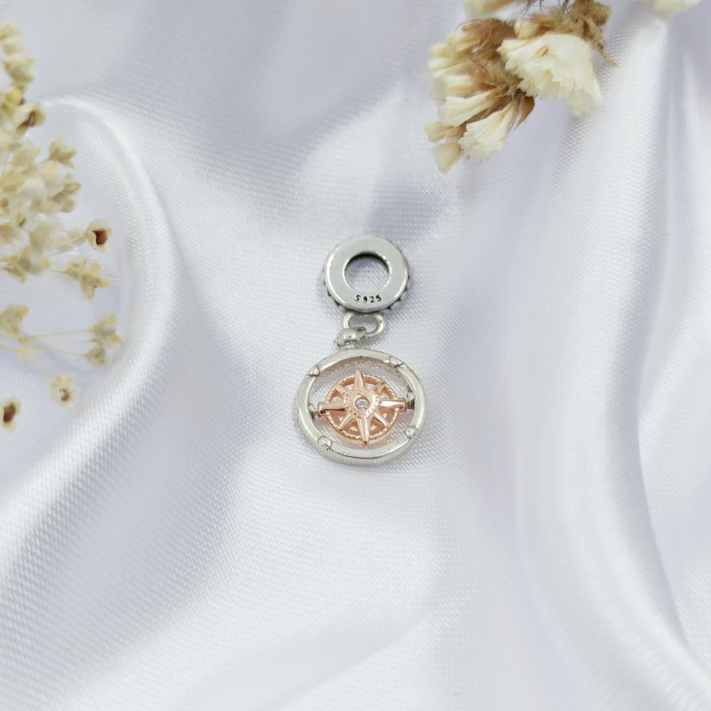 Silver compass charm, polished in the center, pink gold plated for bracelets - Bracelets - Sterling Silver Silver