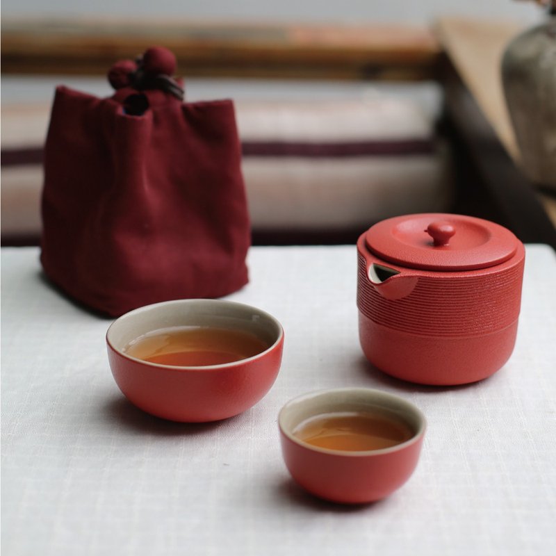 【LUBAO LOHAS】Travel set with swirling pattern, one pot, two cups + carrying pot bag, won the German Red Dot Award - ถ้วย - ดินเผา สีแดง