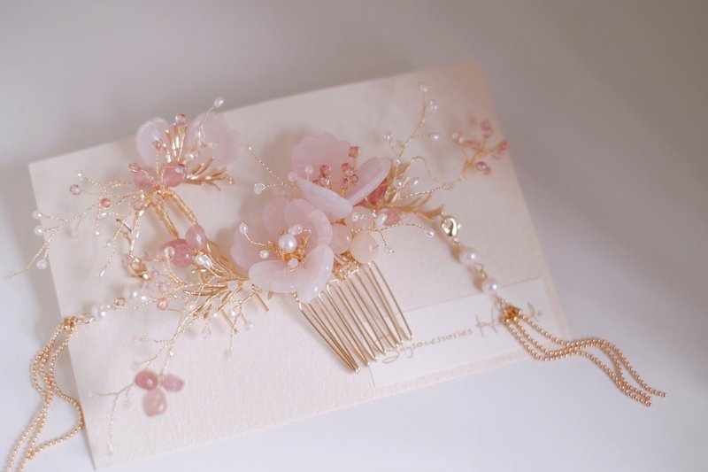 古典琉璃新娘頭飾Bridal Headpiece,中式頭飾,粉晶頭飾,旗袍頭飾 - 髮夾/髮圈 - 玉石 粉紅色