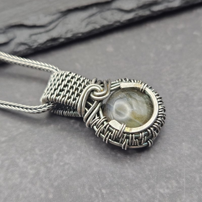 Labradorite Wire Wrapped Pendant , Silver , Oxidized - สร้อยคอ - เงินแท้ สีส้ม