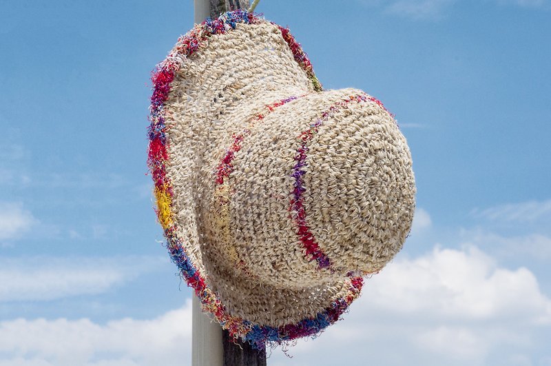ผ้าฝ้าย/ผ้าลินิน หมวก หลากหลายสี - Hand-woven cotton saris line Linen cap / knit cap / hat / straw hat / straw hat - Rainbow colored beach hat