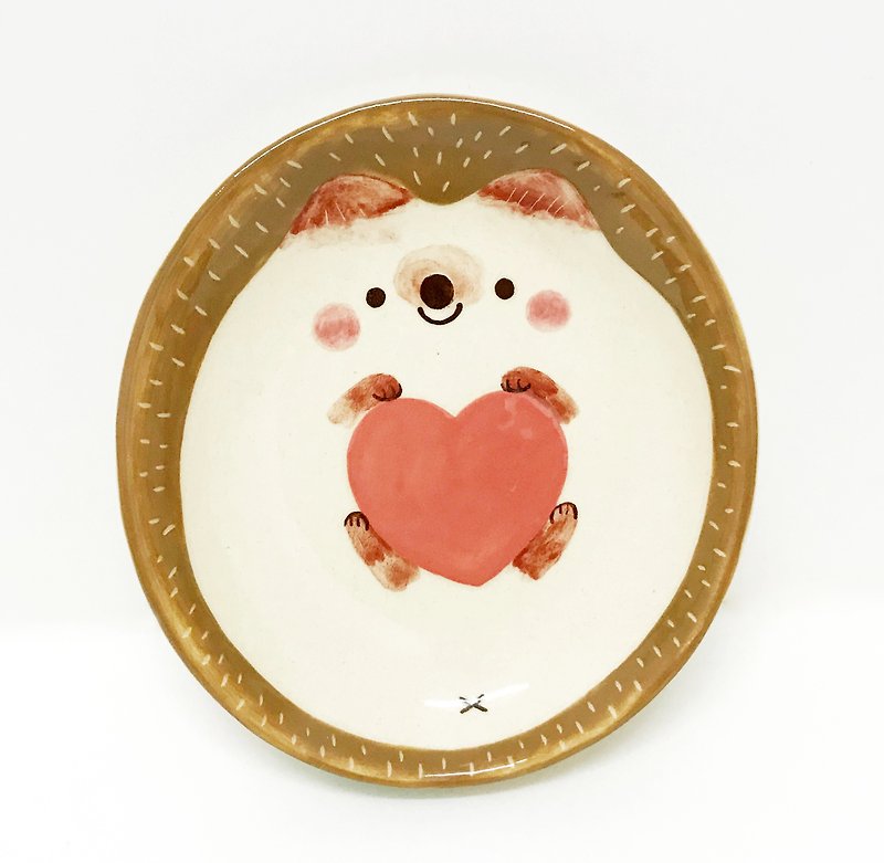 Heart Hedgehog small plate only one - จานเล็ก - ดินเผา สีนำ้ตาล