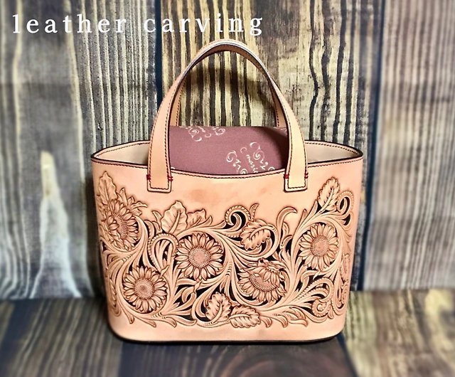 Carving bag leather carving leather tote bag sunflower pattern