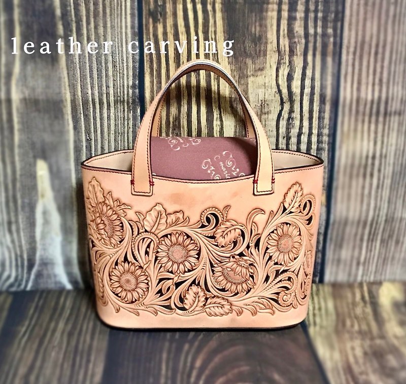 Carving bag leather carving leather tote bag sunflower pattern - Handbags & Totes - Genuine Leather Brown
