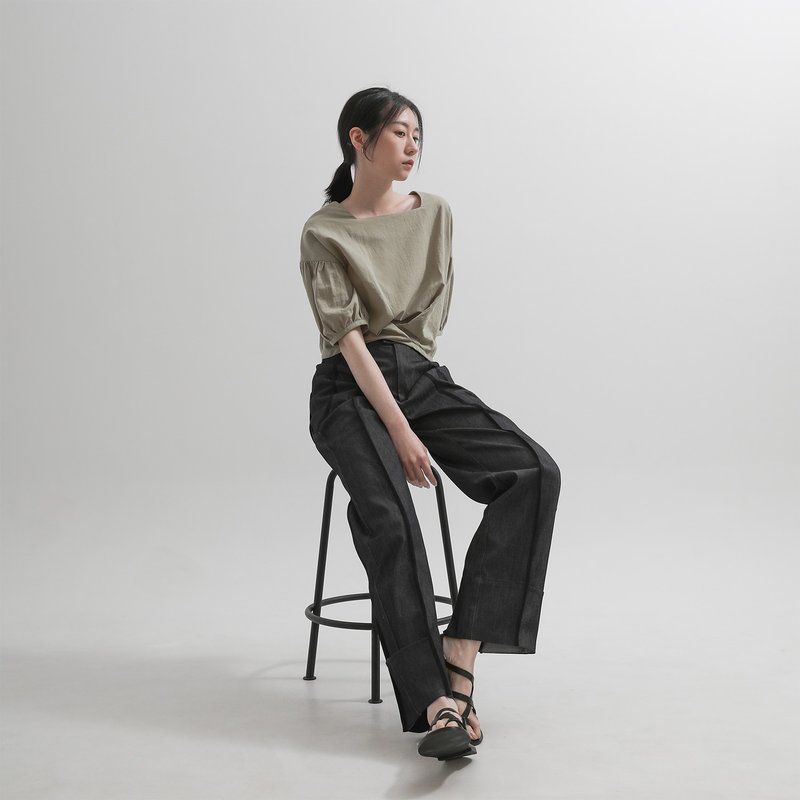 Liuying_流影反褶造型牛仔褲_23SF206_黑 - 女長褲 - 聚酯纖維 黑色