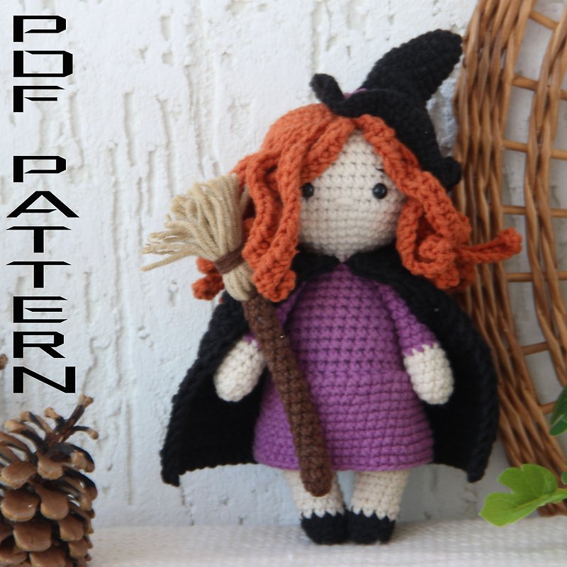Witch doll PATTERN halloween crochet for halloween ornaments and halloween decor - 編織/刺繡/羊毛氈/縫紉 - 其他材質 白色
