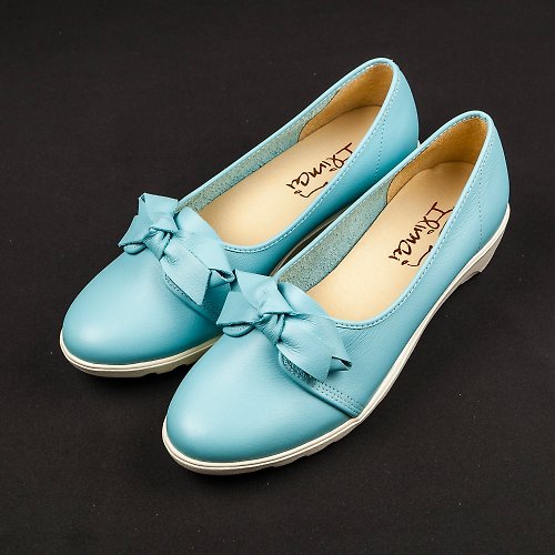 易利邁台灣手工鞋 氣質真皮蝴蝶結楔型底娃娃鞋-寧靜粉藍