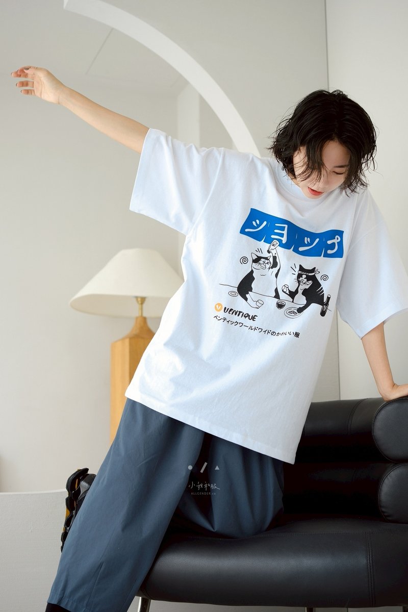 宿醉貓咪寬鬆TEE - 2色 - 貓咪白 - 女 T 恤 - 棉．麻 白色
