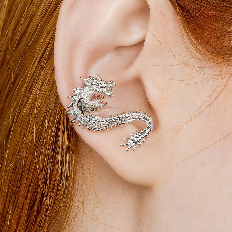 Dragon ear cuff no piercing silver - Earrings & Clip-ons - Sterling Silver Silver