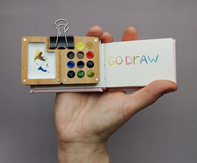 Mini wooden palette WITH pink watercolor sketchbook - Shop GO DRAW
