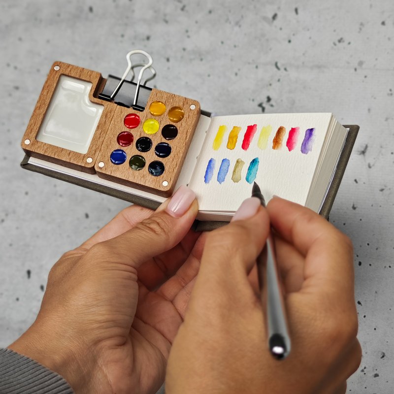 Wooden GO DRAW palette WITH watercolor sketchbook - Notebooks & Journals - Paper Gray