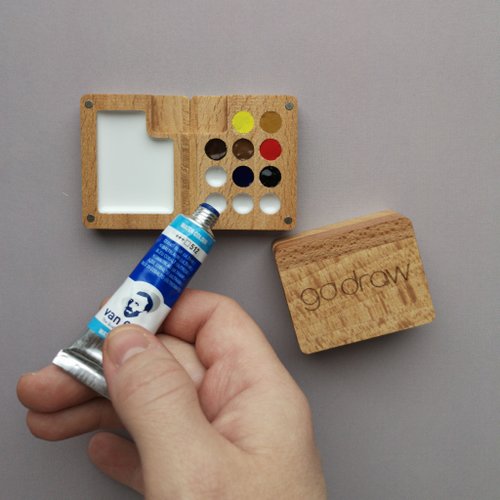 Mini wooden watercolor palette (8 cells) WITH yellow tiny watercolor  sketchbook - Shop GO DRAW Wood, Bamboo & Paper - Pinkoi